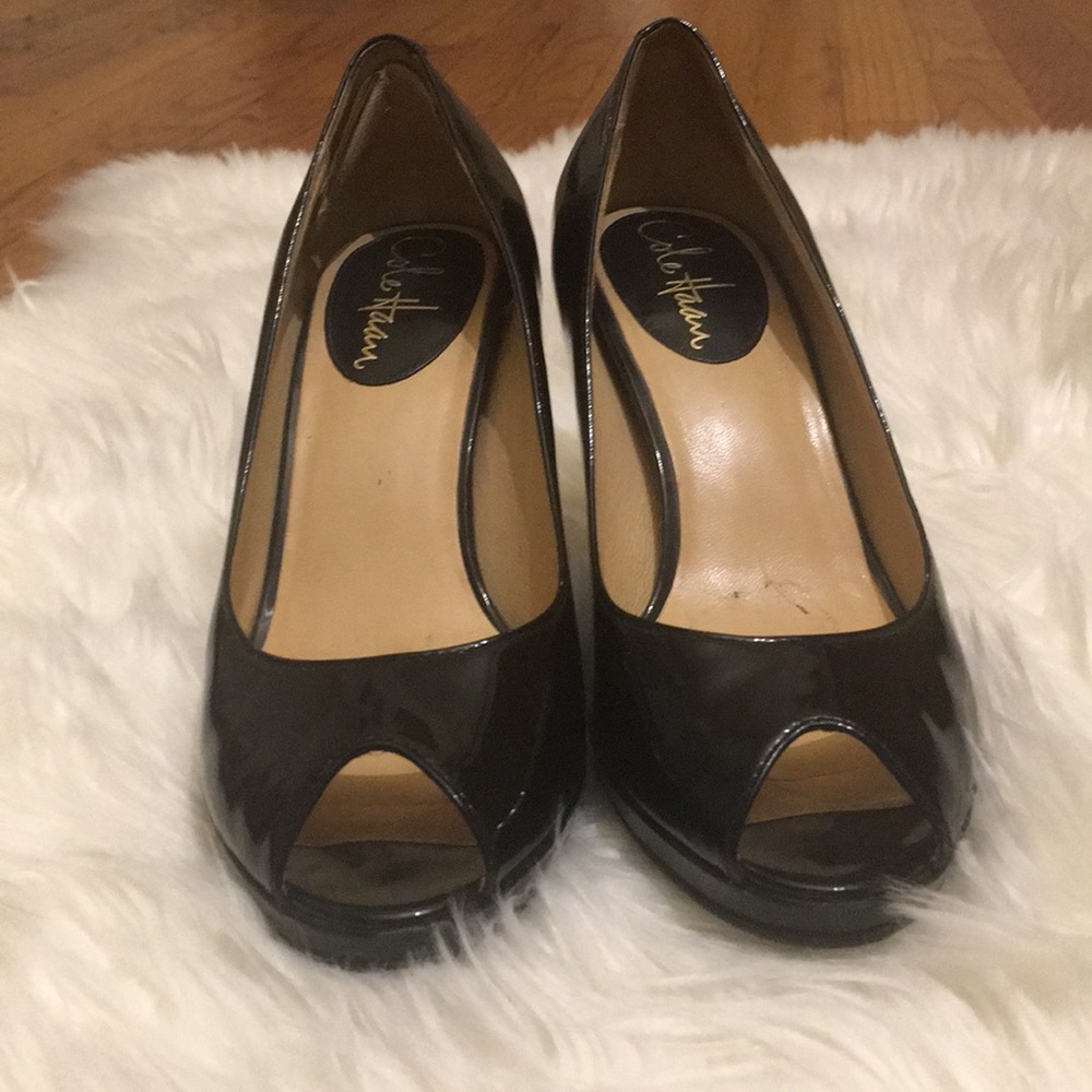 Cole Haan Black Patent Peep Toe Pumps